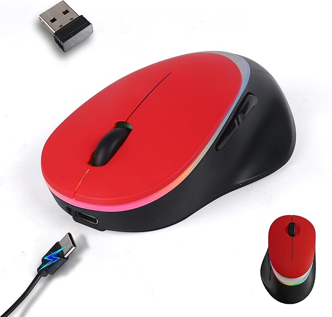 Ergonomic Wireless Bluetooth Mouse Vertical Rechargeable Silent Portable Ergo Mice with RGB Light & 2.4G USB Receiver,Dual Mode,for PC/Laptop/Computer/Desktop/Tablet/MacBook,Office Work Gift-Red