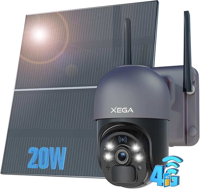Xega® 4G LTE Cellular Security Camera with 20W Solar Panel 20000mAh Built-in Battery - [24/7 Record] Solar No WiFi Security Camera Wireless Outdoor,2K HD Color Night Vision, PIR Motion Detection,IP66