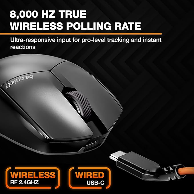 be quiet! Dark Perk Ergo PC Gaming Mouse, 55g Lightweight, Ultra-Long Wireless Battery Life, 8,000Hz Polling Rate, PixArt PAW3950 Sensor, 32,000 DPI, Optical 70m switches, 100% PTFE Glide Skates