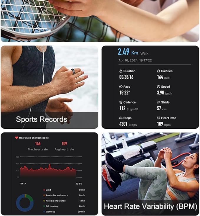 Curved Design Smart Ring Fitness Tracker, Gesture Remote Control Activity Sport Record Sleep Quality Heart Rate SpO2 Skin Temperature Monitoring (Black, #11)