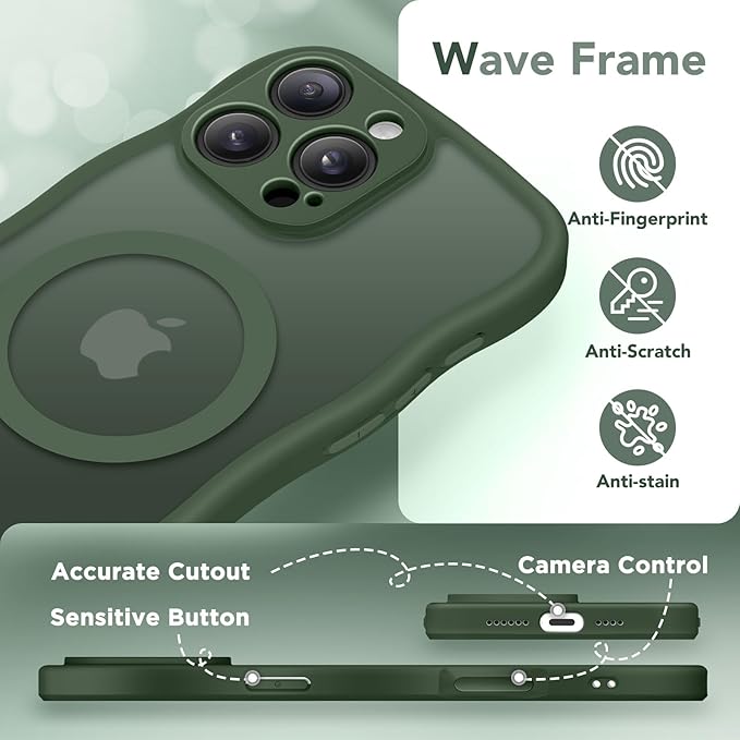 CAPRARO for iPhone 16 Pro Case for Women Girls, Upgraded [Full Camera Protection] [Compatible with MagSafe] Cute Wave Translucent Matte Phone Case for iPhone 16 Pro, Deep Green