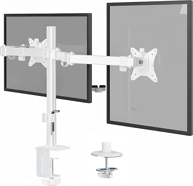 Mount-It! Dual Monitor Mount for Desk, Adjustable Tilt Swivel on Double Monitor Mounts for Screens up to 32”, Dual Monitor Arms for 2 Monitors, VESA 75x75 and 100x100 C-clamp & Grommet in White