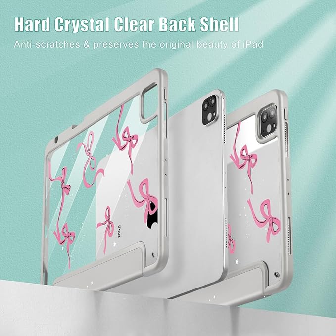 May Chen Case for iPad Pro 11-Inch M5/M4 2025/2024 (6th/5th Generation), Clear Transparent Print Back Shell Slim Stand Shockproof Tablet Cover, Auto Wake/Sleep, Khaki Bows