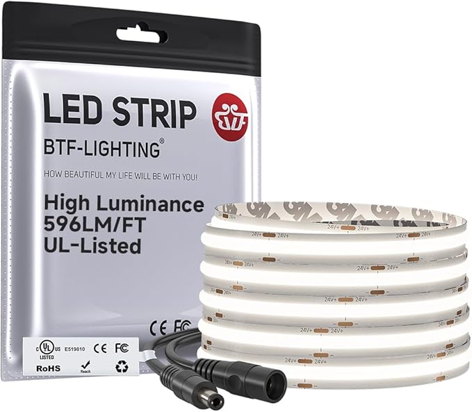 BTF-LIGHTING FCOB COB LED Strip 4000K 596+LM/FT Super Bright UL Listed DC24V 16.4FT 480LED/m 10mm Width Flexible High Density CRI 90+ Dimmable LED Light for Home Indoor Decor(No Controller or Adapter)