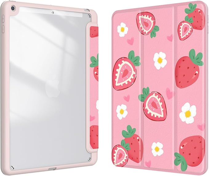 Case for iPad 9th / 8th / 7th Generation (2021/2020/2019) 10.2 inch, Case with Pencil Holder, Stand Clear Back Cover Cute Cool Design for Women Girls, Auto Sleep/Wake, Strawberry
