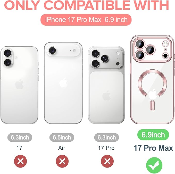 Hython Magnetic Clear for iPhone 17 Pro Max Case with Camera Lens Protector [Compatible with MagSafe] Plating Edge Slim Soft TPU Cover Protective Phone Case for iPhone 17 Pro Max 6.9", Pink