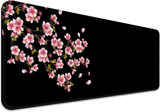 Japanese Cherry Blossom Gaming Desk Mat, Computer Keyboard Large Extended Flowers Mouse Pad for Office and Home, 31.5×11.8 Inches, XL, Black