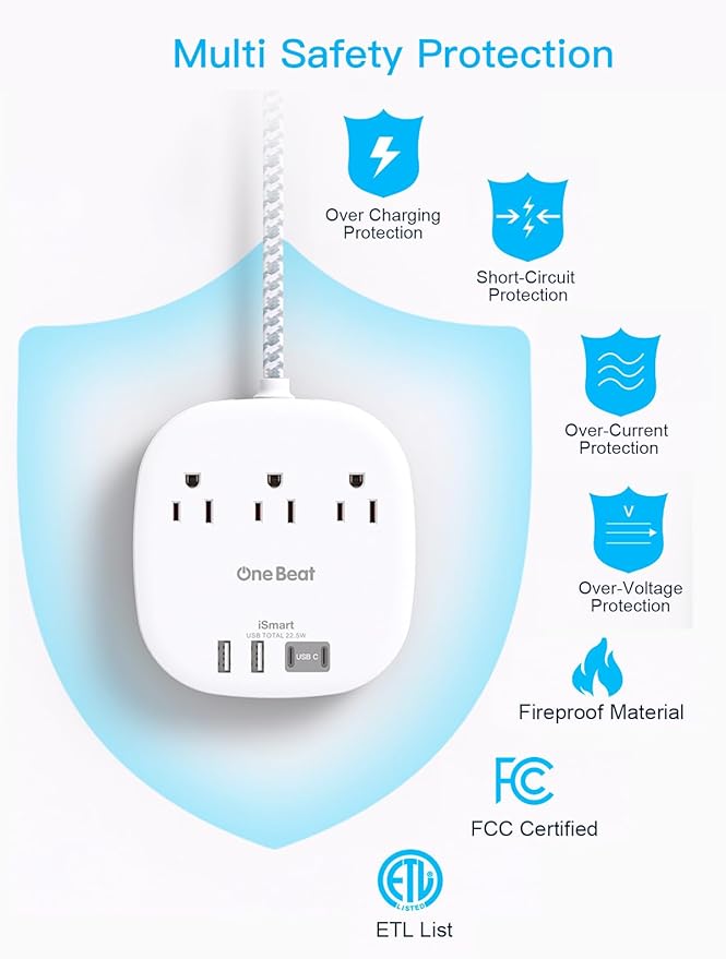 Extension Cord 10 Ft, 22.5W/4.5A Travel Power Strip with Surge Protector, 3 Outlets & 4 USB Ports (2 USBC), Desktop Charging Station 10ft Power Strip Long Cord for Home Office College Dorm Essentials