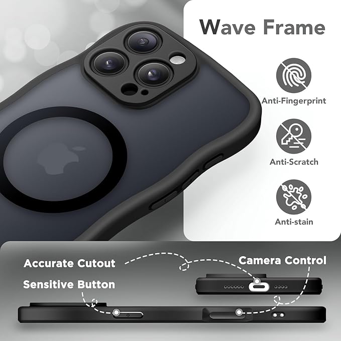 CAPRARO for iPhone 16 Pro Max Case for Women Girls, Upgraded [Full Camera Protection] [Compatible with MagSafe] Cute Wave Translucent Matte Phone Case for iPhone 16 Pro Max, Black