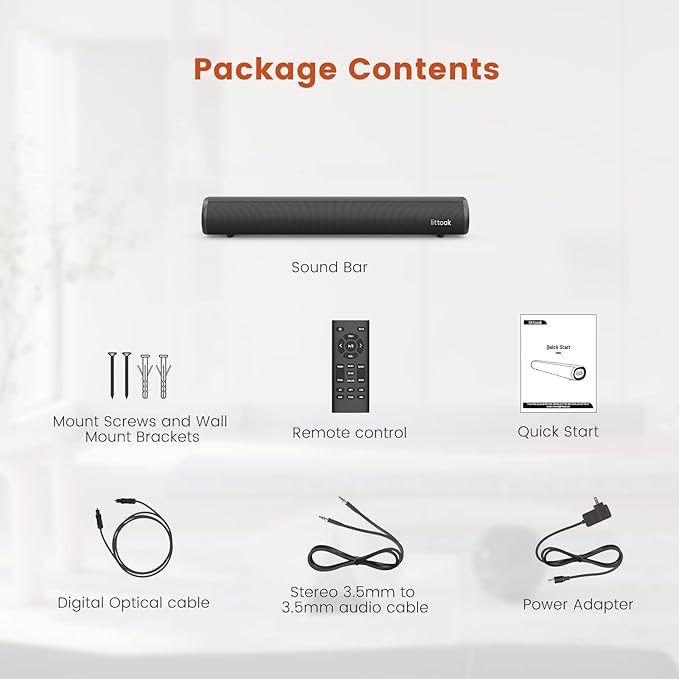 LITTOAK HDMI Sound Bar for Smart TV, Small TV Sound Bar Speakers, Optical/HDMI/Aux/Coax/USB/Bluetooth Connection for TV, PC, Projectors, Includes Remote Control, 16 inch