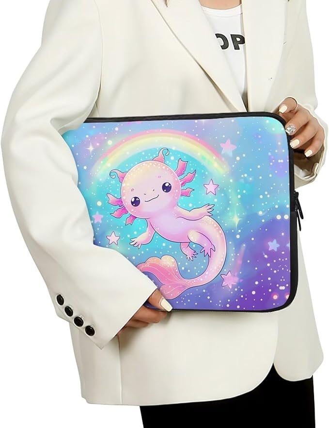 Rainbow Axolotl Computer Sleeve for Women Girls Laptop Sleeve 15 inch Neoprene Laptop Covers with Padded Compartment Lap Top Case Galaxy Computer Carrying Bag Purple