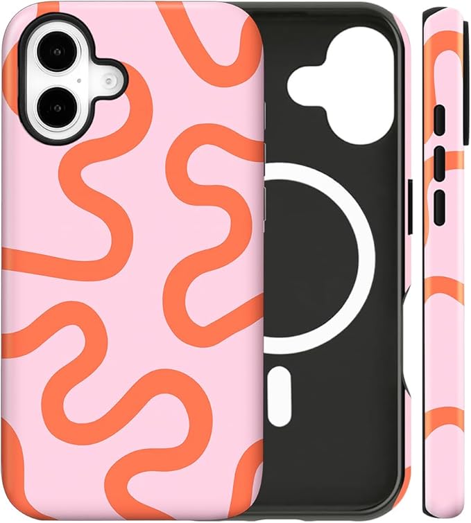 Magnetic for iPhone 17 Case Cute Curved Stripes Phone Case, Shockproof Slim TPU and Hard PC Protective Phone Cover Compatible with MagSafe Designed for Women Girls,Pink