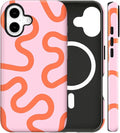 Magnetic for iPhone 16 Case Cute Curved Stripes Phone Case, Shockproof Slim TPU and Hard PC Protective Phone Cover Compatible with MagSafe Designed for Women Girls,Pink