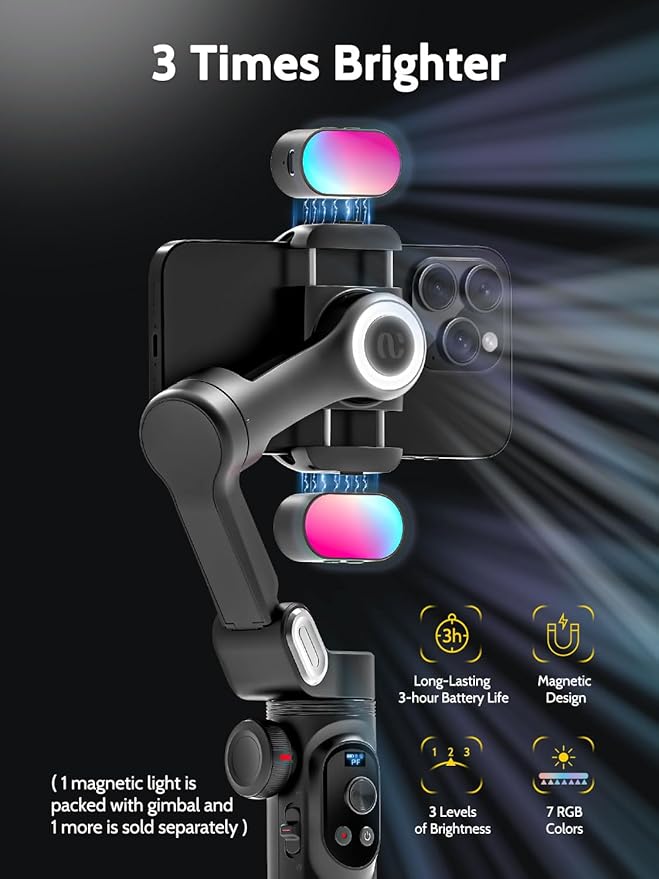 AOCHUAN 3-Axis Gimbal Stabilizer for Smartphone w/RGB Magnetic Fill Light Phone Gimbal for iPhone/Android Foldable iPhone Stabilizer w/Upgraded Face Tracking Vlog Recording-Smart X Pro Kit