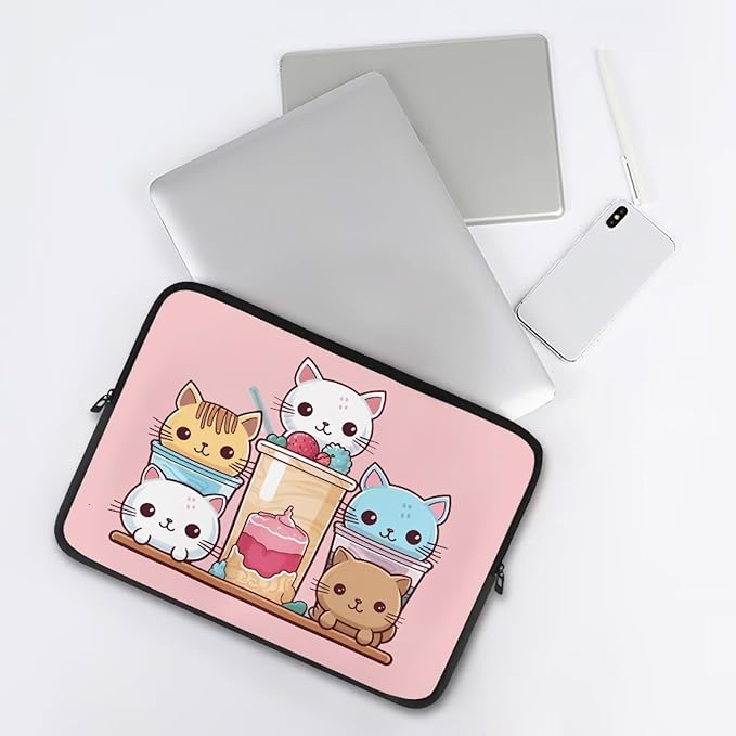 Cute Cat Laptop Sleeve for Women Girls 13 inch Laptop Protector with Multiple Uses Lap Top Case Lightweight Computer Carrying Case Kawaii Tablet Bag for Daughters Pink