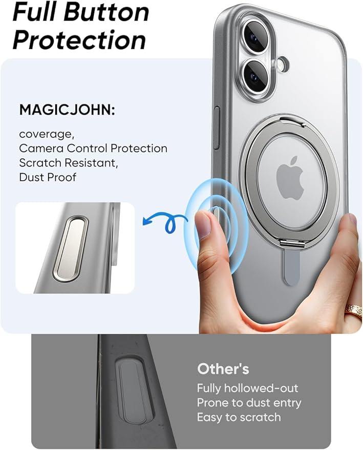 MAGIC JOHN 360° Rotatable Magnetic Invisible Stand for iPhone 17 Case [Camera Control Button] [Compatible with MagSafe] 16FT Shockof for iPhone 17 Case with Kickstand, Gray