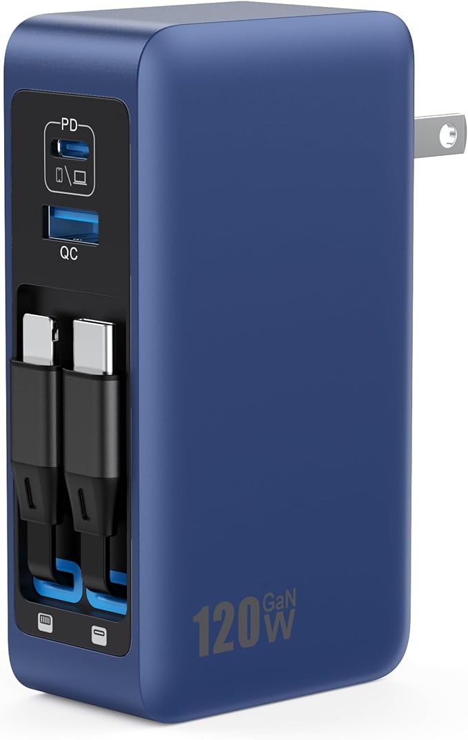 USB C Charger Block 120W with Built-in 2 Retractable Cables, 4-in-1 GaN IV Charger Fast Charging Foldable Plug Wall Charger,PD 65W Laptop Charger for MacBook,iPad,iPhone 17/16,Galaxy,Android-Dark Blue