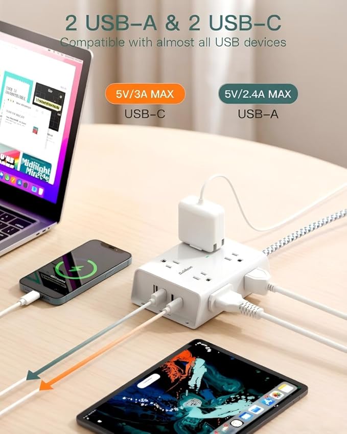 Addtam Surge Protector Power Strip, 8 Widely Outlets with 4 USB Ports (2 USB C), 15ft Extension Cord with Multiple Outlets, 3 Side Outlet Extender, Flat Plug, Wall Mount, ETL, White