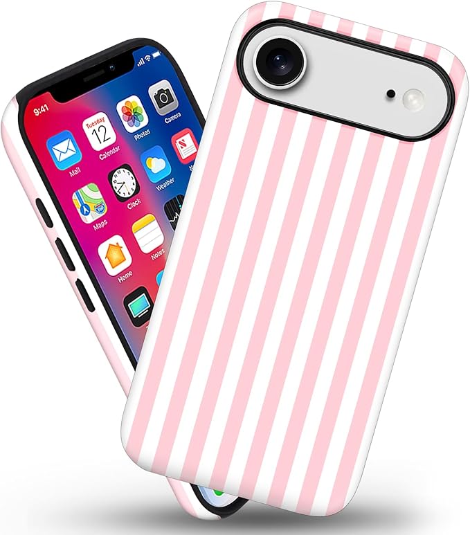 Magnetic for iPhone 17 Air Case Cute Stripes Phone Case, Shockproof Slim TPU and Hard PC Protective Phone Cover Compatible with MagSafe Designed for Women Girls, Pink and White