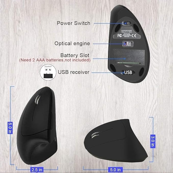 Ergonomic Left-Handed Wireless Vertical Mouse, 2.4G, 3 Adjustable DPI (800/1200/1600), Specially for Left Handers