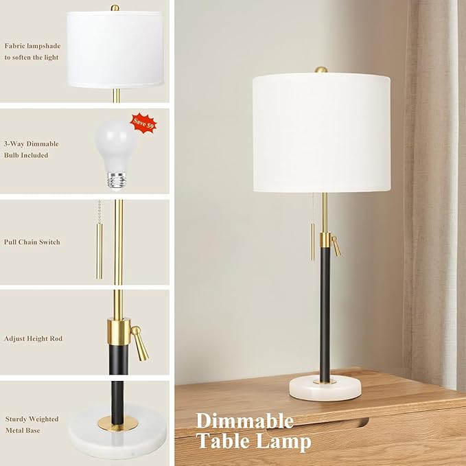 Qingmiao Gold Table Lamps Set of 2, 22" to 30" Adjustable Nightstand Lamps for Bedroom, Dimmable End Table Lamps for Living Room Console Entry Farmhouse Home Decor, New House Warming Gifts