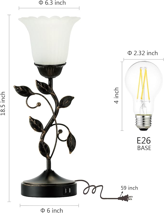 Set of 2 Touch Bedside Vintage Lamps with 2 USB Ports, 3-Way Dimmable Flower Lamps, White Glass Shade Rustic Leaf Lamp for Bedroom Side Table, LED Bulb Included