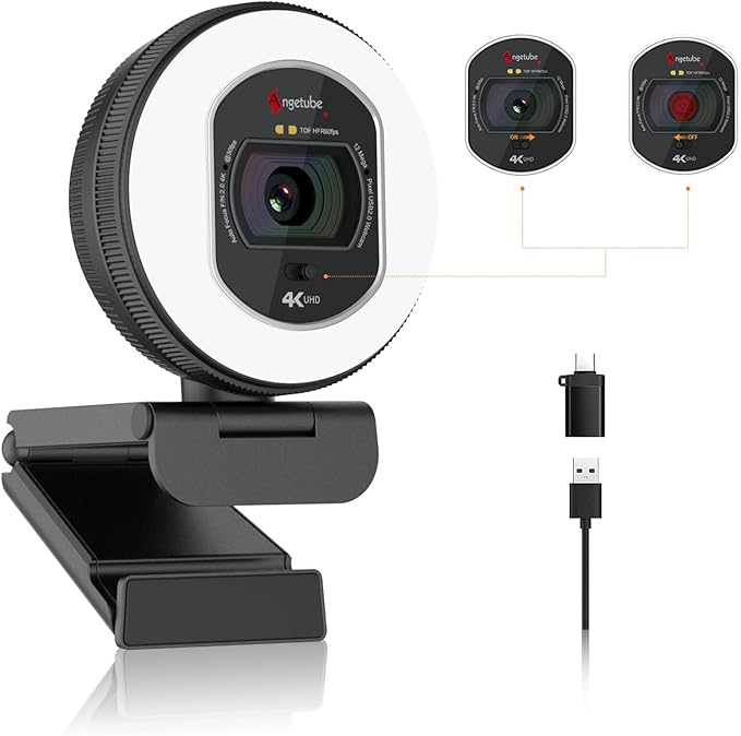 Angetube 4K Webcam with Light for PC, UHD 4K, TOF Auto Focus, Dual AI Noise-Cancelling Mics, 1080p@60FPS, USB Streaming Webcam w/Privacy Cover for Laptop/Mac/Desktop/PC Work w/Zoom/Teams/Google Meet