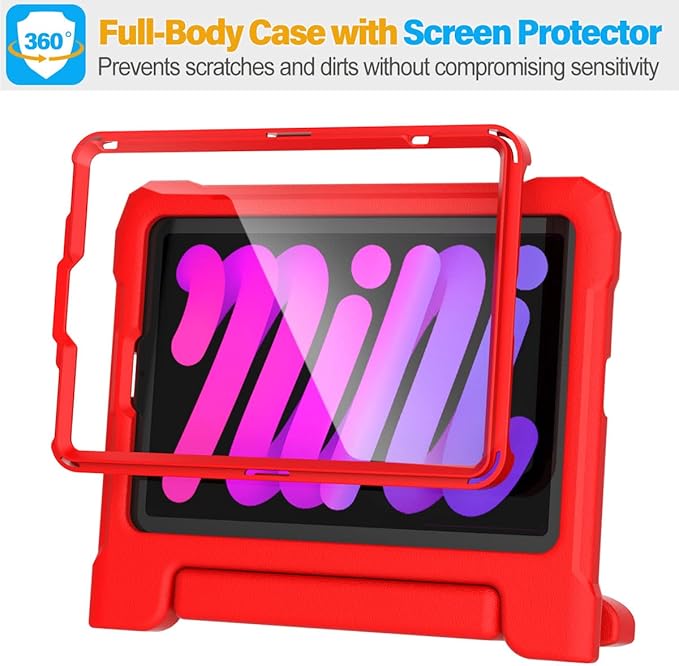 SUPLIK Kids Case for iPad mini 7 (A17 Pro) 2024 & Mini 6 2021, iPad mini 6th/7th Generation Case with Screen Protector, Durable Shockproof Handle Stand Cover for 8.3-inch iPad mini 6/7 Gen, Red