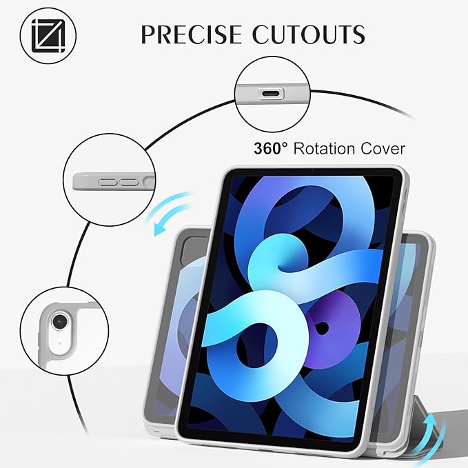 ZENLU iPad Air 10.9/11 inch Case with Removable Magnetic Folio Cover, Premium PU Leather, Multiple Angles Stand, Pencil Slot Charging Support, Full Protective Case for iPad Air 7 6 5 4 Gen (Grey)