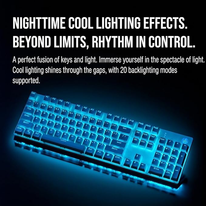 HP Wired Mechanical Keyboard GK400F, 104 Keys Full Size USB Keyboard, Brown Switches, Ice Blue LED Backlit, Anti-Ghosting, Silver & White Keycaps, HP Keyboard for PC Gaming and Office