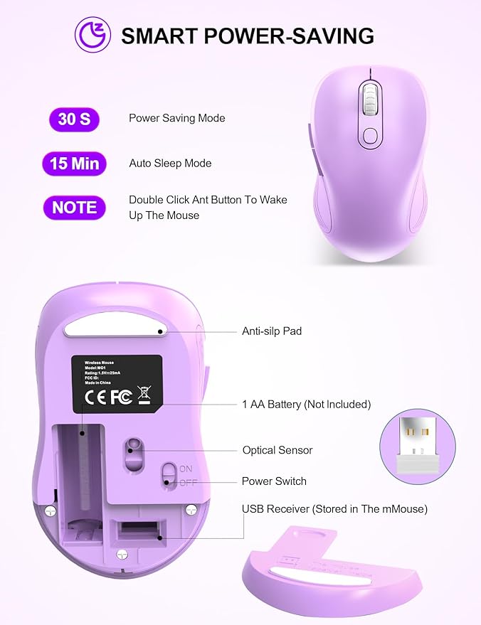 Trueque Wireless Mouse for Laptop, 2.4GHz Ergonomic Computer Mouse with Back & Forward Buttons, 3 Adjustable DPI Levels, 6 Buttons, Optical USB Cordless Mice for Windows PC, M01 (Lavender)