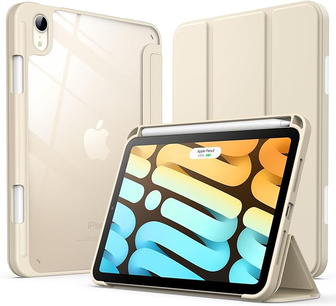 JETech Case for iPad mini (A17 Pro, 2024 Model, 7th Generation) / mini 6 (2021 Model, 6th Generation) with Pencil Holder, Clear Back Shell Slim Stand Tablet Cover, Auto Wake/Sleep (Starlight)