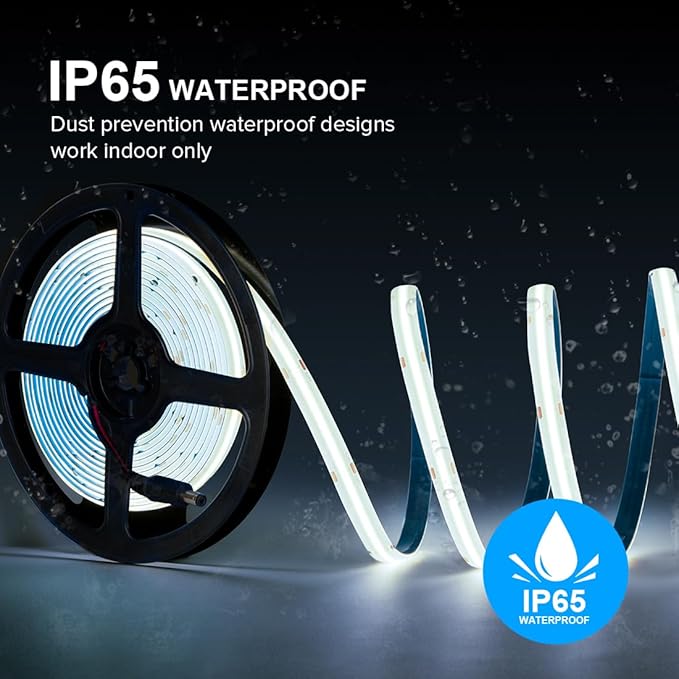 16.4FT IP65 Waterproof COB LED Strip 6000K 480LEDs/m Flexible High Density Uniform Bright LED Lights 9W/m, Dimmable 8mm DC12V COB Strips for Home Indoor Decoration, NO Power and Controller