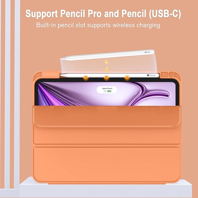ZryXal New iPad Air 13 Inch Case M3 2025/M2 2024 with Pencil Holder, Trifold Stand Smart Case with Soft TPU Back,Auto Wake/Sleep(Orange)
