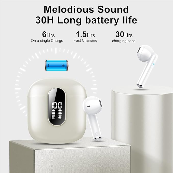 Jesebang Wireless Earbuds, Bluetooth 5.4 Headphones HiFi Stereo, Bluetooth Earbuds with ENC Noise Cancelling Mic, 36H LED Display Ear Buds, IPX7 in Ear Earphones for Phone Tablet Laptop Sports, White