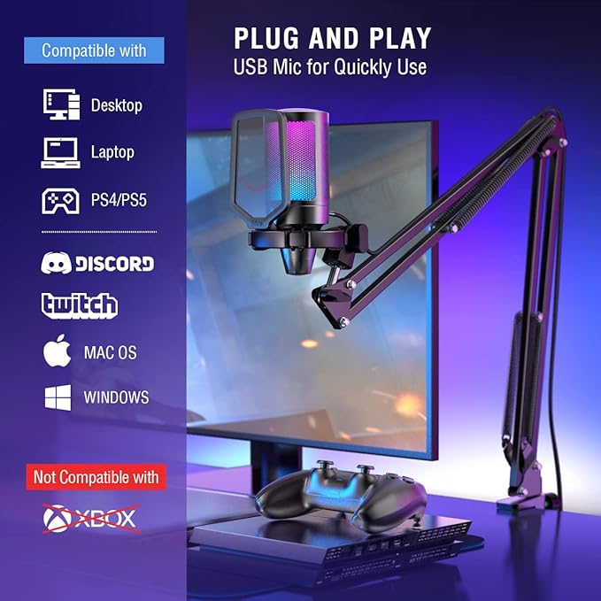 FIFINE Gaming USB Microphone Bundle with Mic Boom Arm, Condenser Mic with Quick Mute, RGB Light for Streaming, Suspension Scissor Arm Stand Kit for Recording Voice-Over Studio (A6V+CS1)