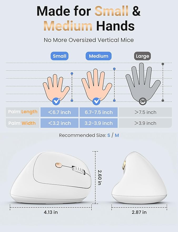 Ergonomic Vertical Wireless Mouse, 57° Natural Handshake for Wrist Pain Relief, Rechargeable 2.4G USB Computer Mouse, Quiet Click, 800/1200/1600 DPI, for Laptop PC Mac, Small/Medium Hands (White)