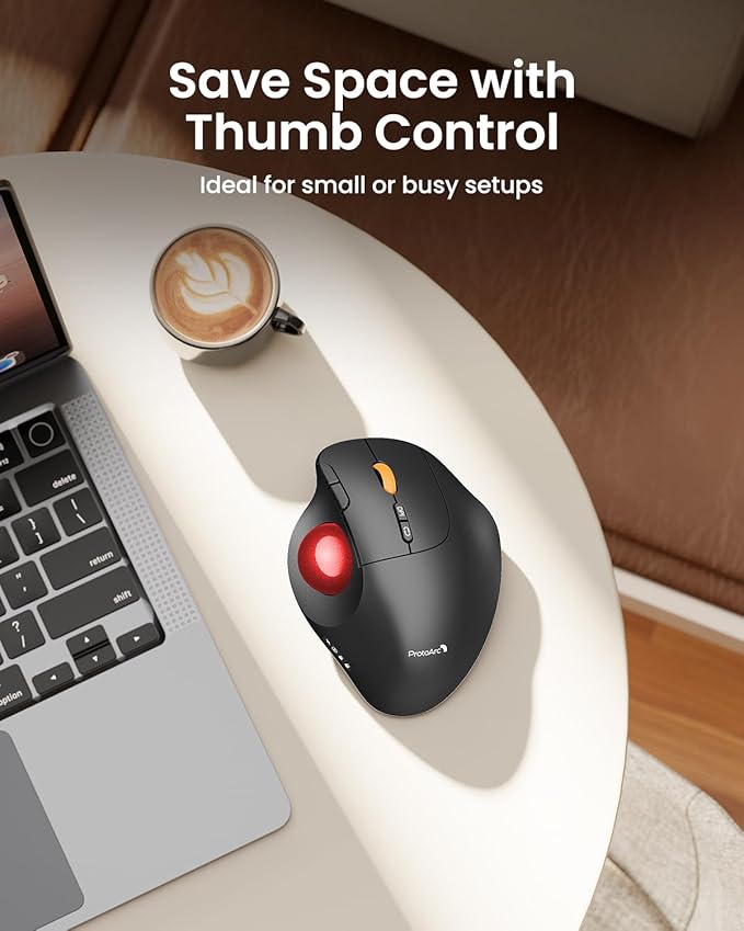 ProtoArc Wireless Bluetooth Trackball Mouse, EM02 Two Adjustable Angle Ergonomic Rechargeable Computer Ball Mouse, 3 Device Connection, Thumb Control and Smooth Tracking for Laptop, PC, Mac-Red