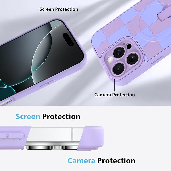 KANGHAR Compatible with iPhone 16 Pro Max Case, Support for MagSafe, Silicone Checkered Cute Pattern, Wristband Kickstand Camera Protection Soft Slim Cover for Girls Women -Purple