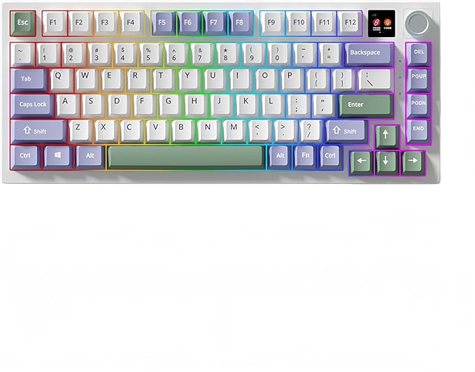 FKZ K75 Mechanical Keyboard with Knob Screen,75% Hot Swap Tri-Mode Bluetooth 5.0/2.4G Wireless/Type-C Wired RGB Gaming Keyboard PCB Gasket Mount Custom Creamy Purple&White Keyboard