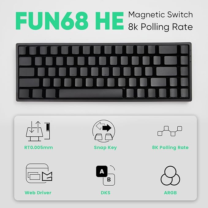 MONSGEEK FUN68 Rapid Trigger Gaming Keyboard 8k SP HE Wired 65% Black Keyboard, Glare Magnetic Switch