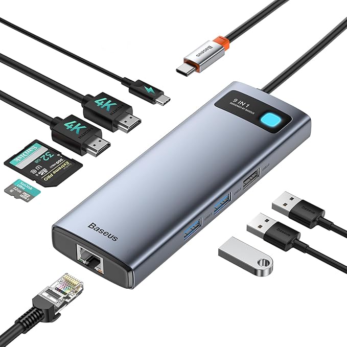 Baseus Laptop Docking Station Dual Monitor 9 in 1 USB C Hub up to 4K@120Hz with 2 HDMI, 1000Mbps LAN, Max 85W PD, 3 USB, SD Card Reader,USB C Dock Compatible with iPhone/Mac/Dell/HP/Surface/Steam Deck