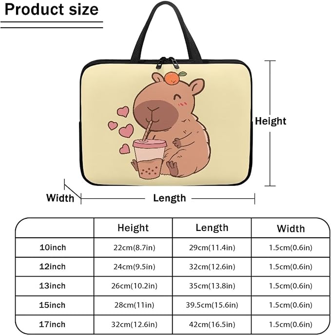 17 Inch Capybara Bubble Tea Laptop Sleeve, Protective Tablet Case with Handle, Water Resistant Zipper Computer Bag Carrying Case Notebook Cover Messenger Briefcase for Women