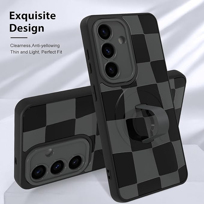 KANGHAR Compatible with Samsung Galaxy S26 Case, Support for MagSafe, Silicone Checkered Cute Pattern, Wristband Kickstand Camera Protection Soft Slim Cover for Girls Women -Black