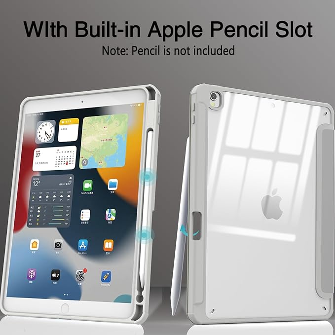Case for iPad 9th / 8th / 7th Generation (2021/2020 / 2019), for iPad 10.2 Inch Case with Pencil Holder, Stand Tablet Clear Back Cover, Auto Sleep/Wake - Grey White