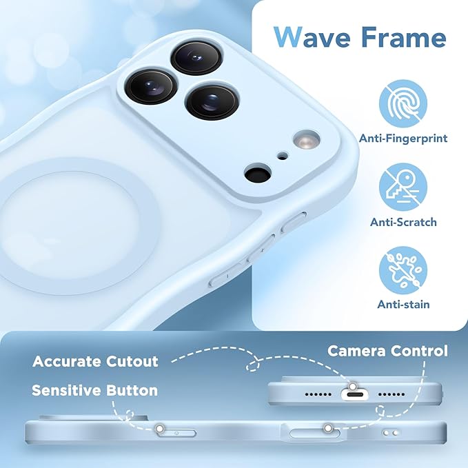 CAPRARO Magnetic for iPhone 17 Pro Case for Women Girls, Upgraded [Full Camera Protection] [Compatible with MagSafe] Cute Wave Translucent Matte Phone Case for iPhone 17 Pro, Light Blue