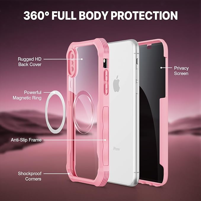 CENHUFO Magnetic Privacy for iPhone X Case/iPhone Xs Case, Full Body Phone Case Built-in 9H Tempered Glass Privacy Screen Protector [Compatible with Magsafe] Shockproof Bumper Clear Cover - Pink