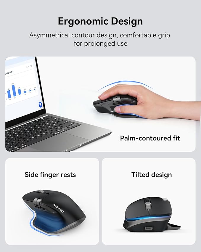 TECKNET Wireless Mouse, Bluetooth Mouse (BT5.3/5.0 & 2.4G) Rechargeable Ergonomic Optical Mouse with 6 Adjustable DPI, Side Scroll, Quiet Clicks, USB A Receiver, 7 Buttons, Wide Compatibility - Black