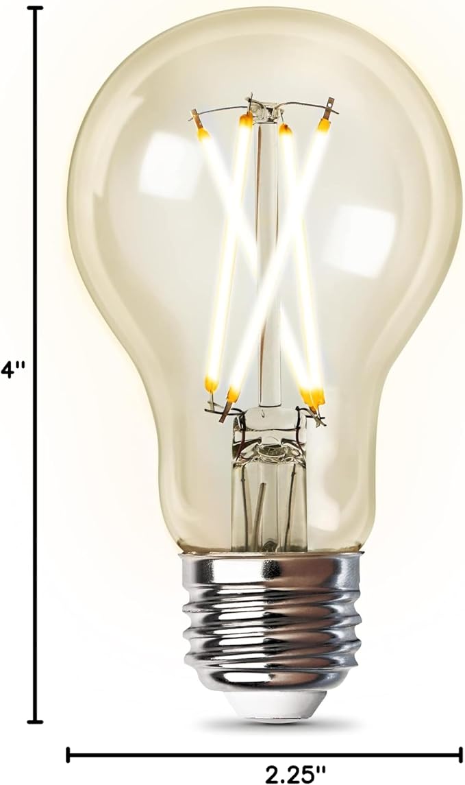 Feit Electric A1960CL/927CA/FIL/AG 60 Watt Equivalent WiFi Dimmable, No Hub Required, Alexa or Google Assistant, Filament A19 LED Smart Light Bulb, 4" H x 2.25" D, 2700K Soft White