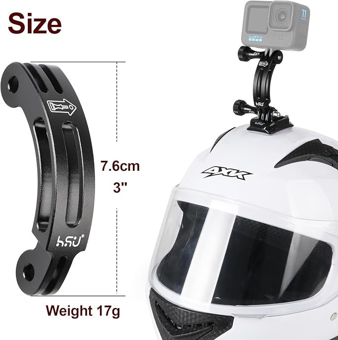 HSU Aluminum Alloy Curved Extension Arm (3”) Metal Pole Mount Helmet Stick Extension Arm Mount for Hero 13/12/11/10/9/8/7/6 Black, DJI Osmo Action 5 Pro/4/3 and More Action Cameras (Black)
